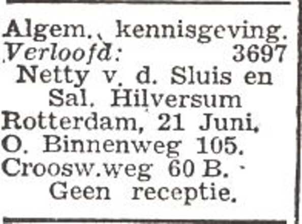 Vermelding van de verloving van Naatje van der Sluis en Salomon Hilversum