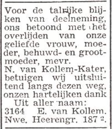 Dankbetuiging van de familie van Kollem