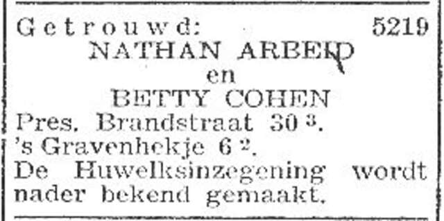 Vermelding van de huwelijkssluiting van Nathan Arbeid en Betje Cohen