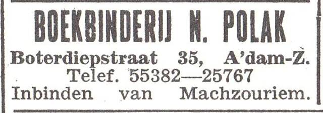Advertentie van boekbinder Nathan Polak