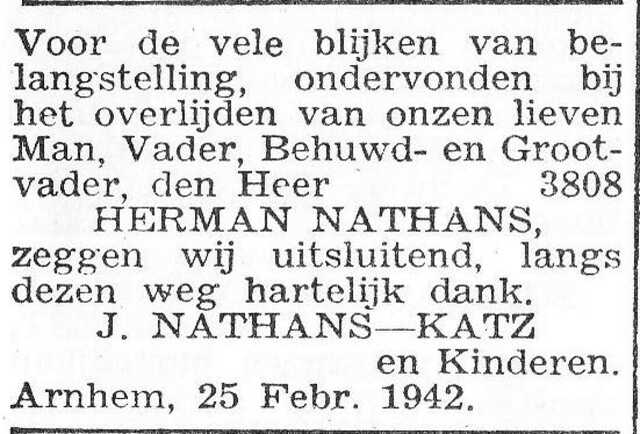 Dankbetuiging van de familie Nathans-Katz