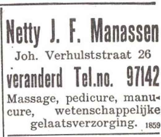 Advertentie van Schönetta Johanna Frederika Manassen