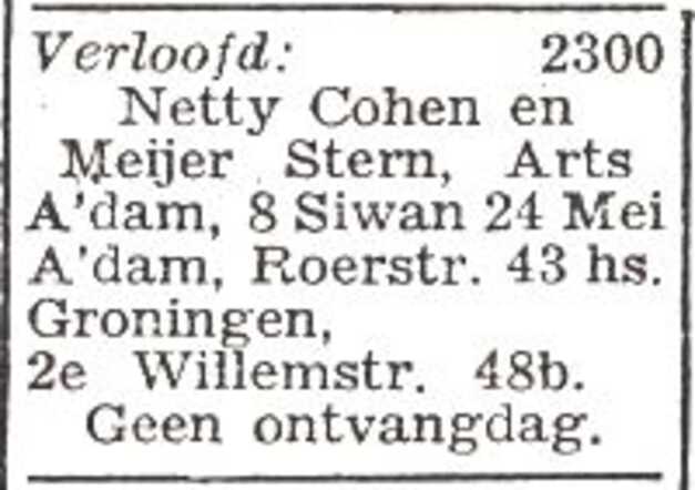Vermelding van de verloving van Meijer Stern en Jeannette (Netty) Cohen