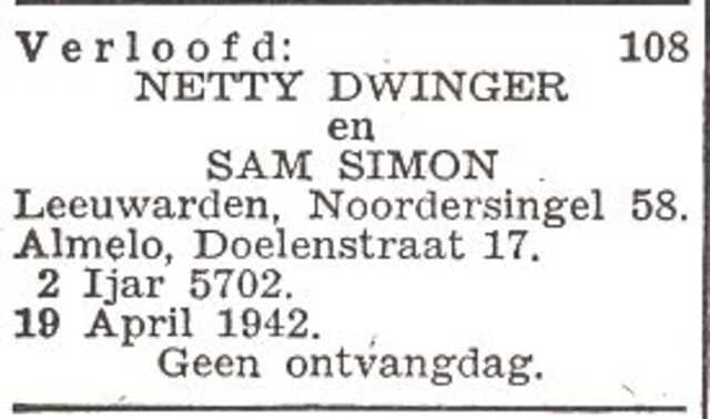 Vermelding van de verloving van Jeanette (Netty) Dwinger en Samuel (Sam) Simon