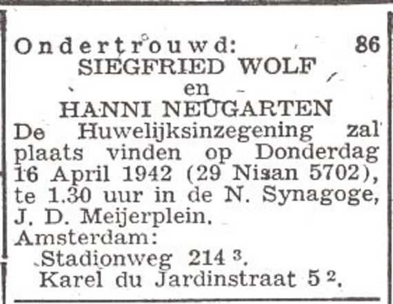 Aankondiging van de huwelijksinzegening van Siegfried Sussmann Wolf en Johanna Neugarten