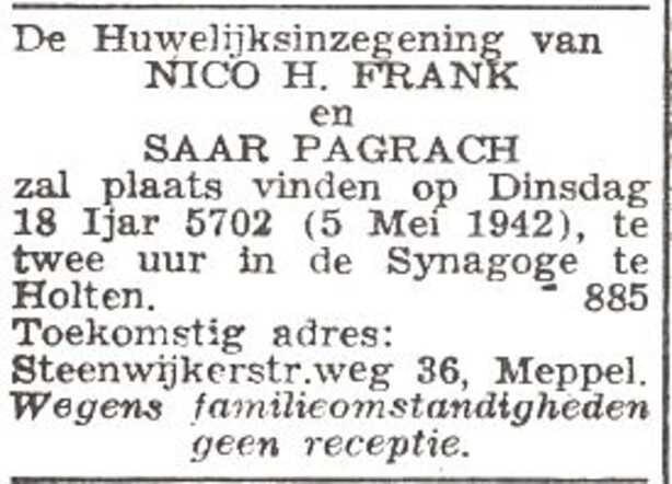 Aankondiging van de huwelijksinzegening van Nathan (Nico) Hartog Frank en Sara Pagrach