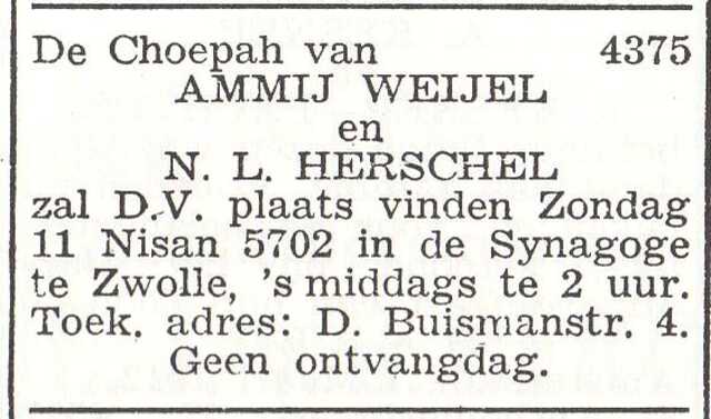 Huwelijksaankondiging van Nico Louis Herschel en Malchen Weijel