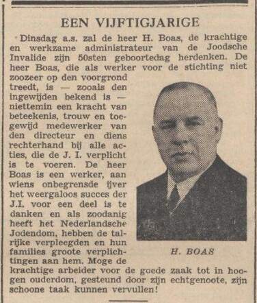 Nieuw Israëlietisch Weekblad  10 december 1937, pag. 5. Hermanus Boas 50 jaar.