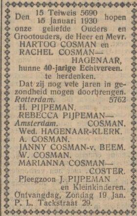 Nieuw Israëlietisch Weekblad 10 januari 1930, pag. 6. Adv. 40 jaar huwelijk echtpaar H. Cosman-Hagenaar.