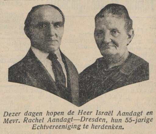 Nieuw Israëlietisch Weekblad 11 november 1932, pag. 5. dageditie. Israël Aandagt en Rachel Aandagt-Dresden.