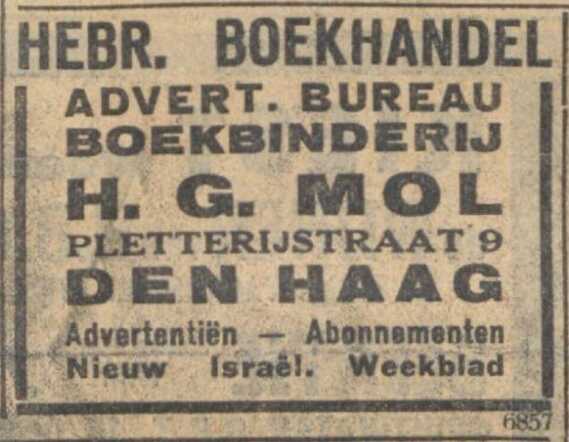 Nieuw Israëlietisch Weekblad 12 april 1935, pag. 3. Adv. - Hebreeuwsche Boekhandel van Hartog G. Mol.