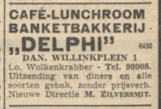 Nieuw Israëlietisch Weekblad 12 april 1940, pag. 7. Lunchroom Delphi Daniël Willinkplein 1, Amsterdam.