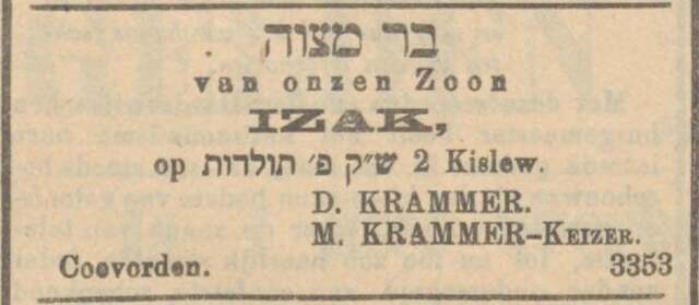Nieuw Israëlietisch Weekblad 13 november 1903, pag. 6. Bar Mitswah Izak Krammer.