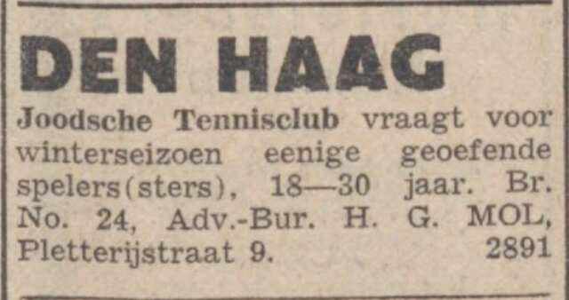 Nieuw Israëlietisch Weekblad, 13 september 1939, pag. 8. Adv. klant Hartog Mol.