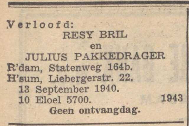 Nieuw Israëlietisch Weekblad 13 september 1940, pag. 3. Verlovingsadv. Resy Bril en Julius Pakkedrager.