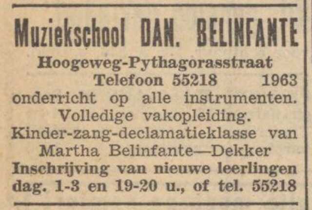 Nieuw Israëlietisch Weekblad 13 september 1940 pag. 4. Muziekschool Belinfante.