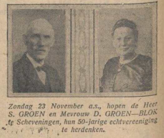 Nieuw Israëlietisch Weekblad 14 november 1930, pag. 8. 50 jaar huwelijk echtpaar S. Groen-Blok.