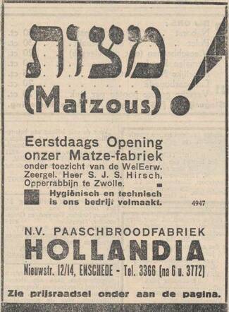 Nieuw Israëlietisch Weekblad 15 december 1933, daged., pag. 9. Adv. opening matze-fabriek "Hollandia".
