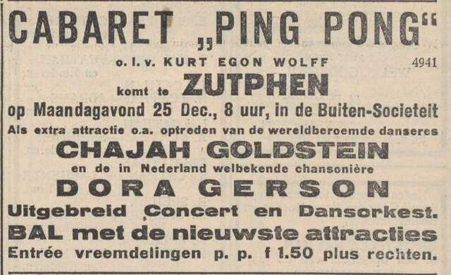 Nieuw Israëlietisch Weekblad 15 december 1933, pag. 8. Adv. cabaret Ping Pong.