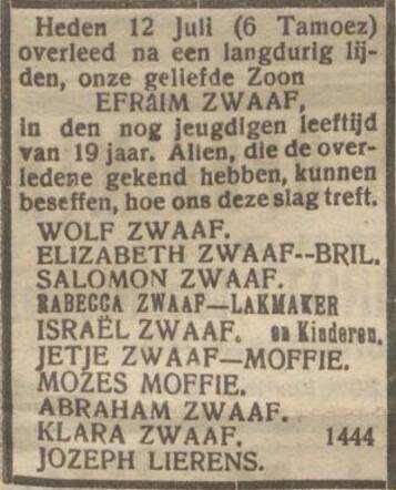 Nieuw Israëlietisch Weekblad  15 juli 1921, pag.7. Overlijdensbericht Efraim Zwaaf.