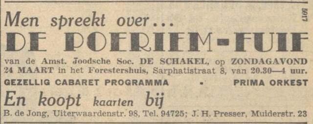 Nieuw Israëlietisch Weekblad 15 maart 1940, dag, pag. 3. Adv. Amst. Joodsche Soc. De Schakel.