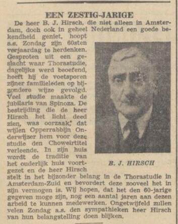 Nieuw Israëlietisch Weekblad 15 maart 1940, pag. 5. Benzion Joachim Hirsch 60 jaar.
