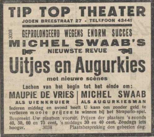 Nieuw Israëlietisch Weekblad 15 september 1933, pag. 8. Adv. Tip Top Theater met Joseph (Maupie) de Vries.