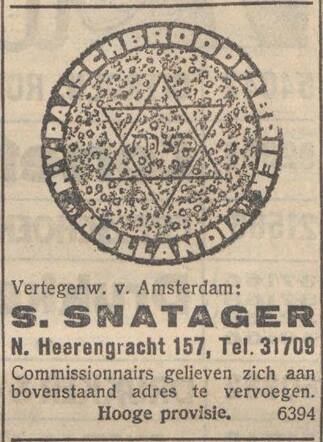 Nieuw Israëlietisch Weekblad 16 februari 1934, daged., pag. 7. Adv. Samuel Snatager vert.  N.V. "Hollandia"paaschbroodfabriek.