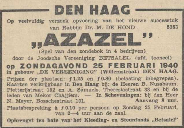 Nieuw Israëlietisch Weekblad 16 februari 1940, pag. 4. Adv. toneelstuk "Azazel".