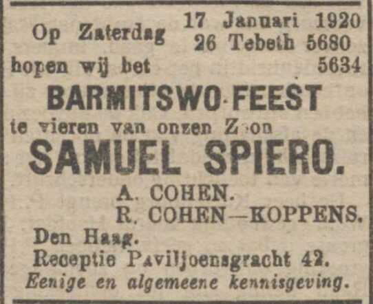 Nieuw Israëlietisch Weekblad  16 januari 1920, pag. 6. Adv. Bar Mitswah Samuel Spiero.