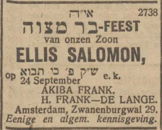 Nieuw Israëlietisch Weekblad, 16  september 1921, pag. 6. Adv. Bar Mitswah Ellis Salomon Frank.