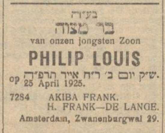 Nieuw Israëlietisch Weekblad 17 april 1925, pag. 6. Adv. Bar mitswah Philip Louis Frank.