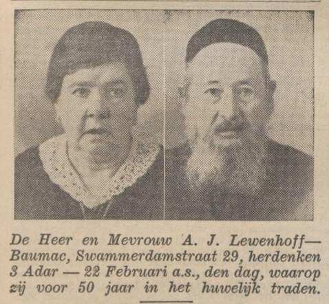 Nieuw Israëlietisch Weekblad  17 februari 1939, pag. 5. Echtpaar A.I.Lewenhoff-Baumac 50 jaar getrouwd.