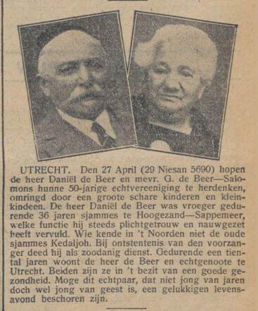 Nieuw Israëlietisch Weekblad 18 april 1930, pag. 5. Sjammes Daniël de Beer en Ganna Salomons.