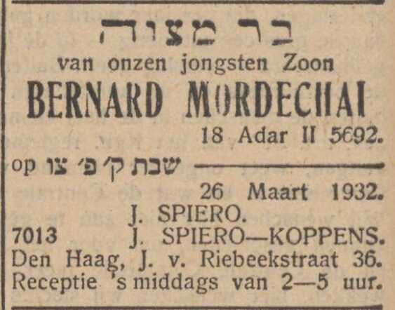 Nieuw Israëlietisch Weekblad 18 maart 1932, pag. 6. Adv. Bar Mitswah Bernard Mordechai Spiero.