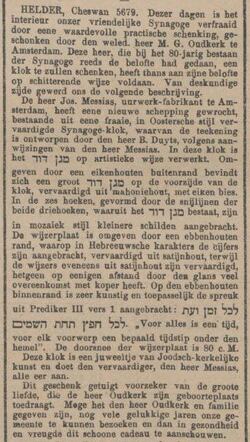 Nieuw Israëlietisch Weekblad, 18 oktober 1918, dageditie, pag. 5. Synagogeklok van Jos. Messias.