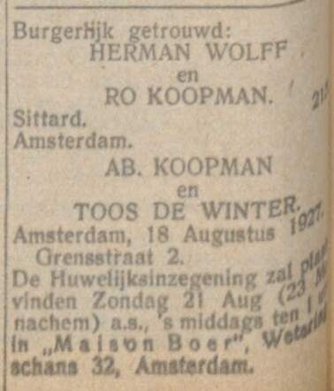 Nieuw Israëlietisch Weekblad, 19 augustus 1927, dag, pag. 6. Adv. huw. fam. H. Wolff-Koopman A. Koopman-de Winter.