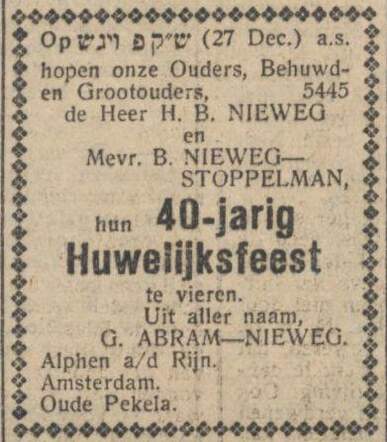 Nieuw Israëlietisch Weekblad  19 december 1930, pag. 6. Echtpaar H.B. Nieweg-Stoppelman 40 jaar getrouwd.