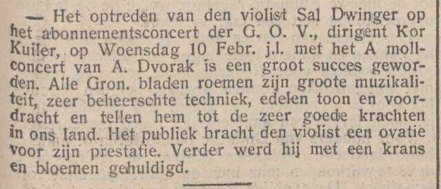 Nieuw Israëlietisch Weekblad, 19 februari 1932, dag. pag. 11. Optreden Salomon (Sal) Dwinger.