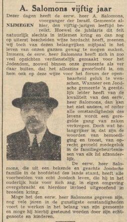 Nieuw Israëlietisch Weekblad 19 juli 1940, pag. 8. Alexander Salomons 50 jaar.