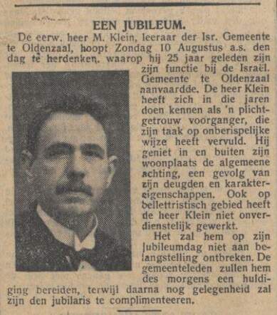 Nieuw Israëlietisch Weekblad 1 augustus 1930, pag. 5. Jubileum Marcus Klein.1