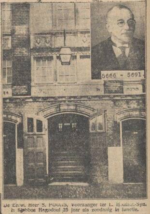 Nieuw Israëlietisch Weekblad  20 maart 1931, pag. 4. Salomon Poons 25 jaar voorzanger synagoge L. Houtstraat A'dam.
