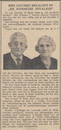 Nieuw Israëlietisch Weekblad  20 maart 1936, pag. 12. Echtpaar I. Sweijd-Sweijd 50 jaar getrouwd.