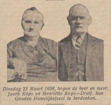 Nieuw Israëlietisch Weekblad  20 maart 1936, pag. 12. 50-jarig huwelijksfeest Jacob Kops en Henriette Kops-Druijf.