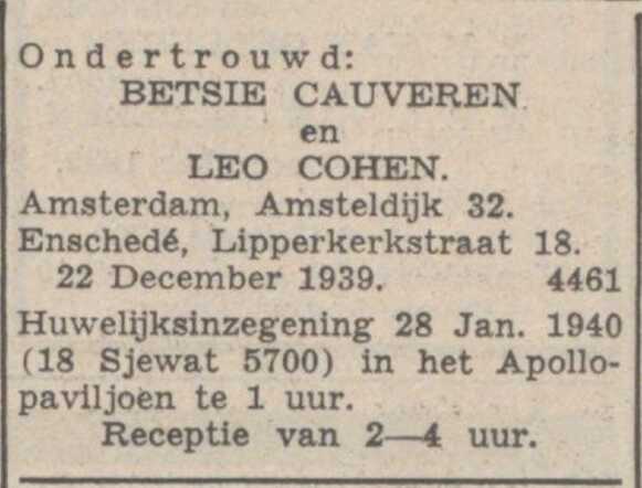 Nieuw Israëlietisch Weekblad  22 december 1939, pag. 11. Adv. Leser Izak (Leo) Cohen en Betsie Cauveren.