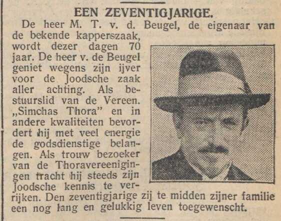 Nieuw Israëlietisch Weekblad, 22 januari 1932, pag. 5. Art.  Meijer Tobias van der Beugel.