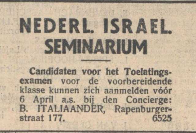 Nieuw Israëlietisch Weekblad 22 maart 1935, dag, pag. 1. Adv. Ned. Isr. Seminarium. Bernard Italiaander.