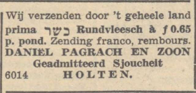 Nieuw Israëlietisch Weekblad, 22 maart 1940, dag, pag. 4. Adv. Daniël Pagrach.