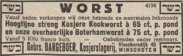 Nieuw Israëlietisch Weekblad 23 oktober 1931, dag, pag. 4. Adv. Hartog Bargeboer.