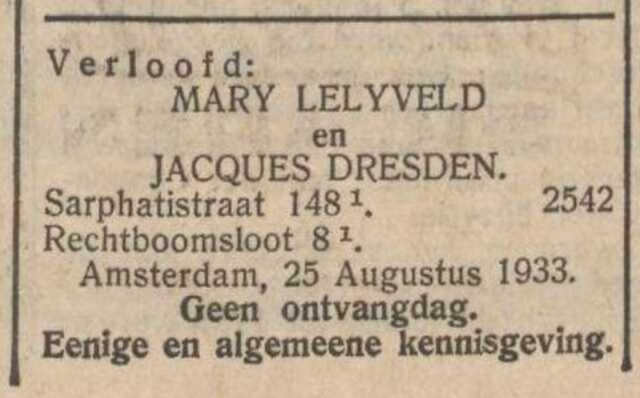 Nieuw Israëlietisch Weekblad, 25 augustus 1933, dag, pag. 6. Adv. Marie (Mary)(van)  Lelyveld en Isaak (Jacques) Dresden.